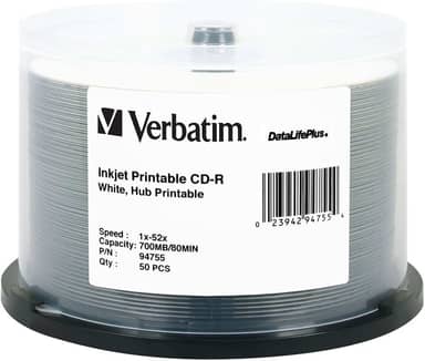 Verbatim Cd-R 700Mb 52X Datalifeplus White Tintajet Imprimível, Hub Imprimível - 50Pk Fuso - 94755 Branco 50 Discos
