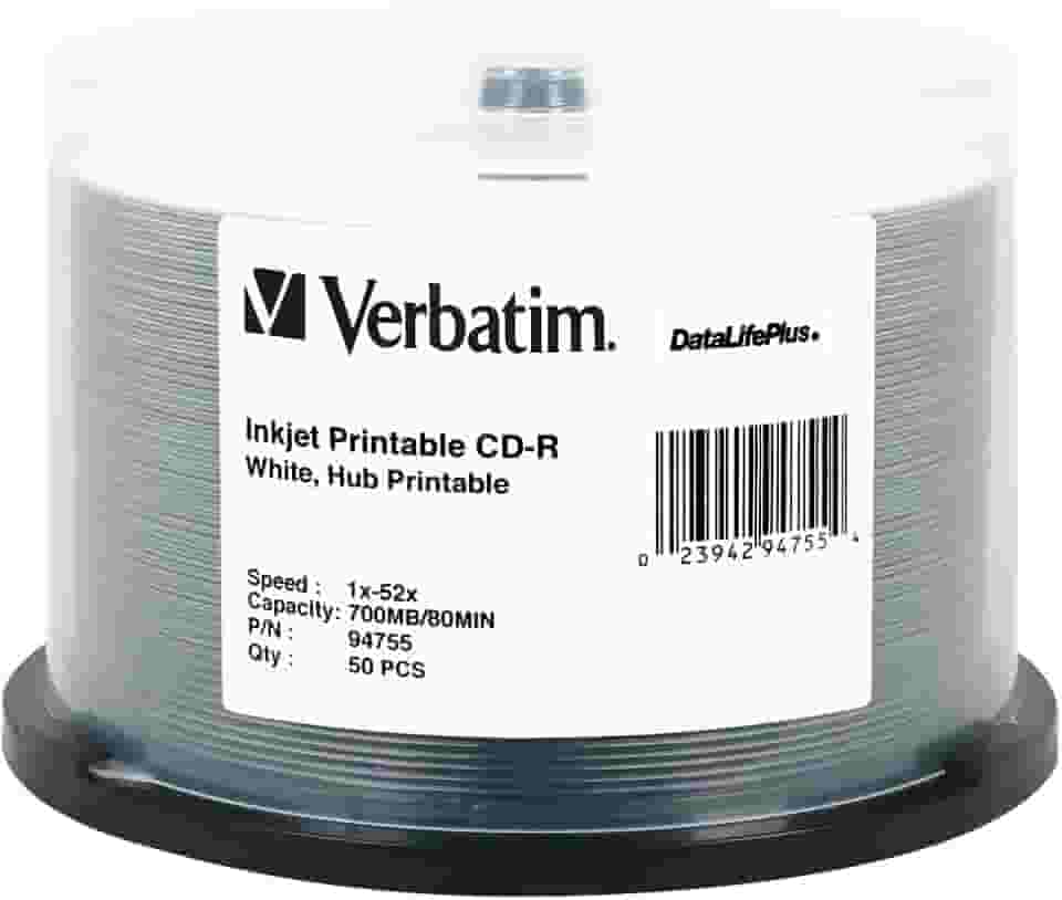 Verbatim Cd-R 700Mb 52X Datalifeplus White Tintajet Imprimível, Hub Imprimível - 50Pk Fuso - 94755 Branco 50 Discos