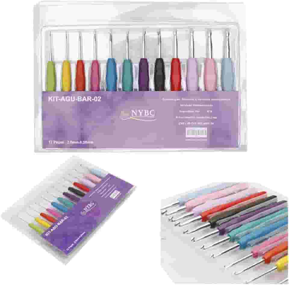 Kit de Agulha Para Crochê, NYBC, 12 Agulhas, Cabo Emborrachado Colorido
