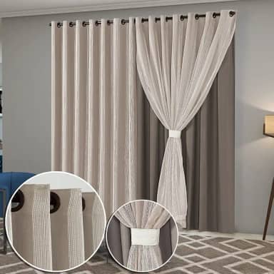 Cortina Sala Quarto Blecaute com Linho Bordado 2,80m Larg x 2,60m Alt, Forro em PVC Blackout 100% c/Abraçadeiras Inovi - Avelã