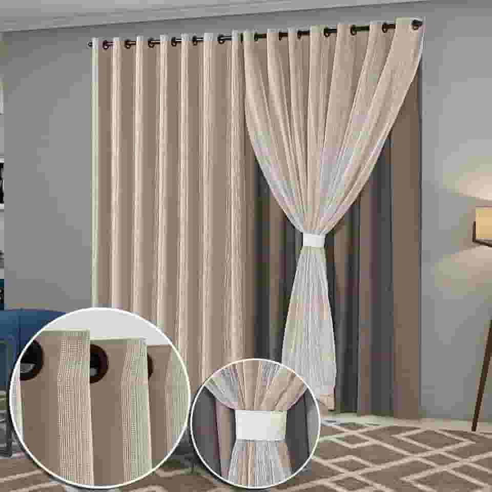 Cortina Sala Quarto Blecaute com Linho Bordado 2,80m Larg x 2,60m Alt, Forro em PVC Blackout 100% c/Abraçadeiras Inovi - Avelã