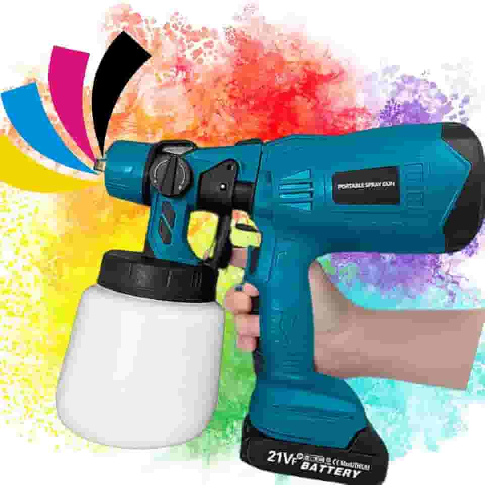 Pistola Profissinal Portatil de Pulverização e Pintura, 2 Baterias Recarregável 21V, 1 Carregador 100-240VAC 3 Bicos Jatos Horizontal e Vertical Ajustável Capacidade 1000ml,