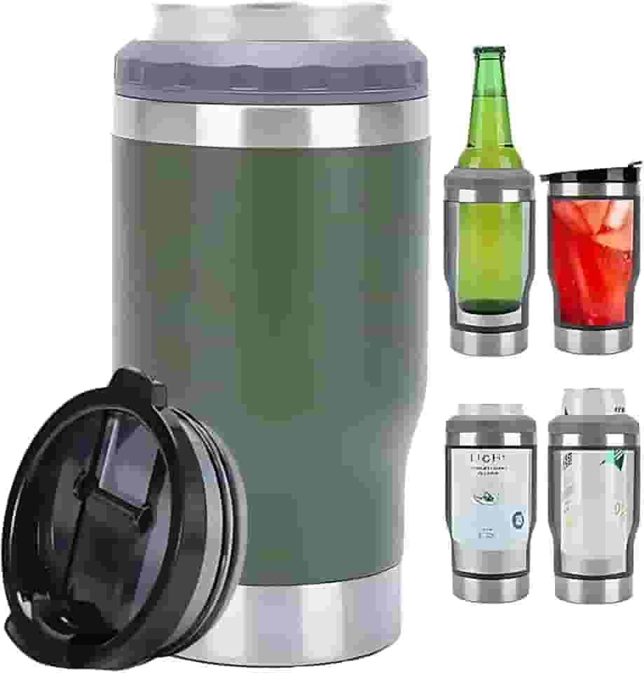 Caneca Porta Latas e Isolador 4 em 1 para Lata Fina e Padrão de 355ml e Long Neck de Cerveja. Copo Térmico de Aço Inoxidável Isolado a Vácuo e Termocooler (Amry Green)