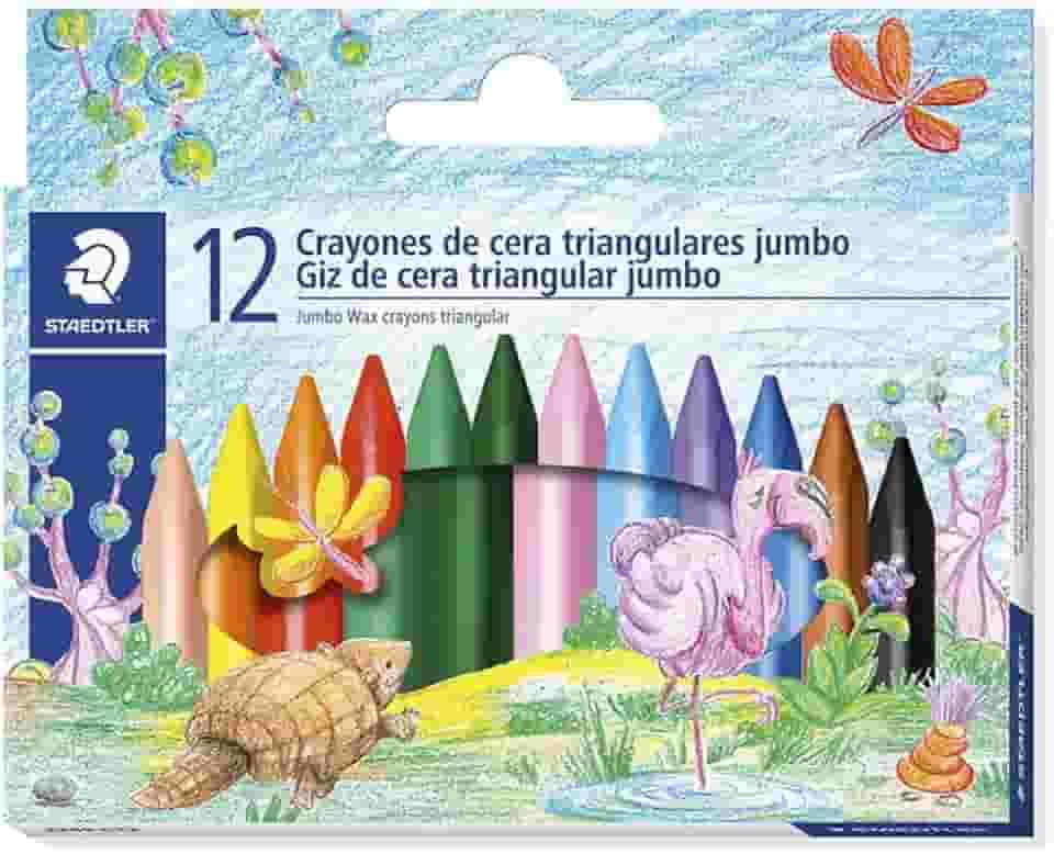 STAEDTLER Giz de Cera Triangular Jumbo 12 Cores - 2289 C12 PE - Traço Suave, Cores Vivas, Resistente e Não Mancha – Formato Ergonômico Ideal para Crianças