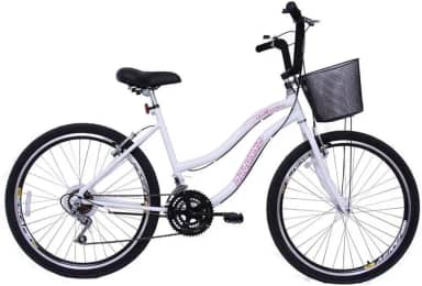 Bicicleta Feminina 26 Beach Branca de 18 Velocidades com Aros duplos, Pneus Slik e Cesta - Dalannio Bike