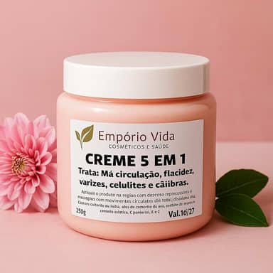 Creme 5 em 1 trata varizes, celulite, flacidez, câimbras e má circulação.