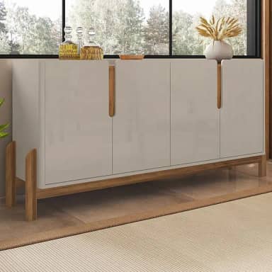 Aparador Buffet Sala Lizz 170cm com Pés de Madeira Maciça Off White/cedro