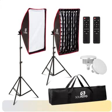 SOU FOTO Kit Softbox Profissional com 2x Softbox Grid, 2x Lâmpada LED 150W e Tripés para Fotos e Videos