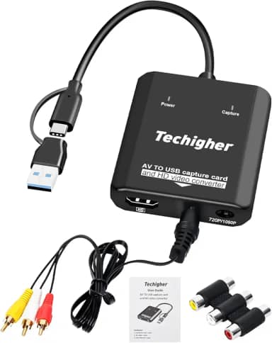 Conversor VHS para Digital e Placa de Captura de Vídeo USB - 2 em 1: Conversão VHS para Digital e Saída RCA para HDMI - Compatível com VCR/DVD/AV/PS2/Wii - Adaptador RCA para HDMI