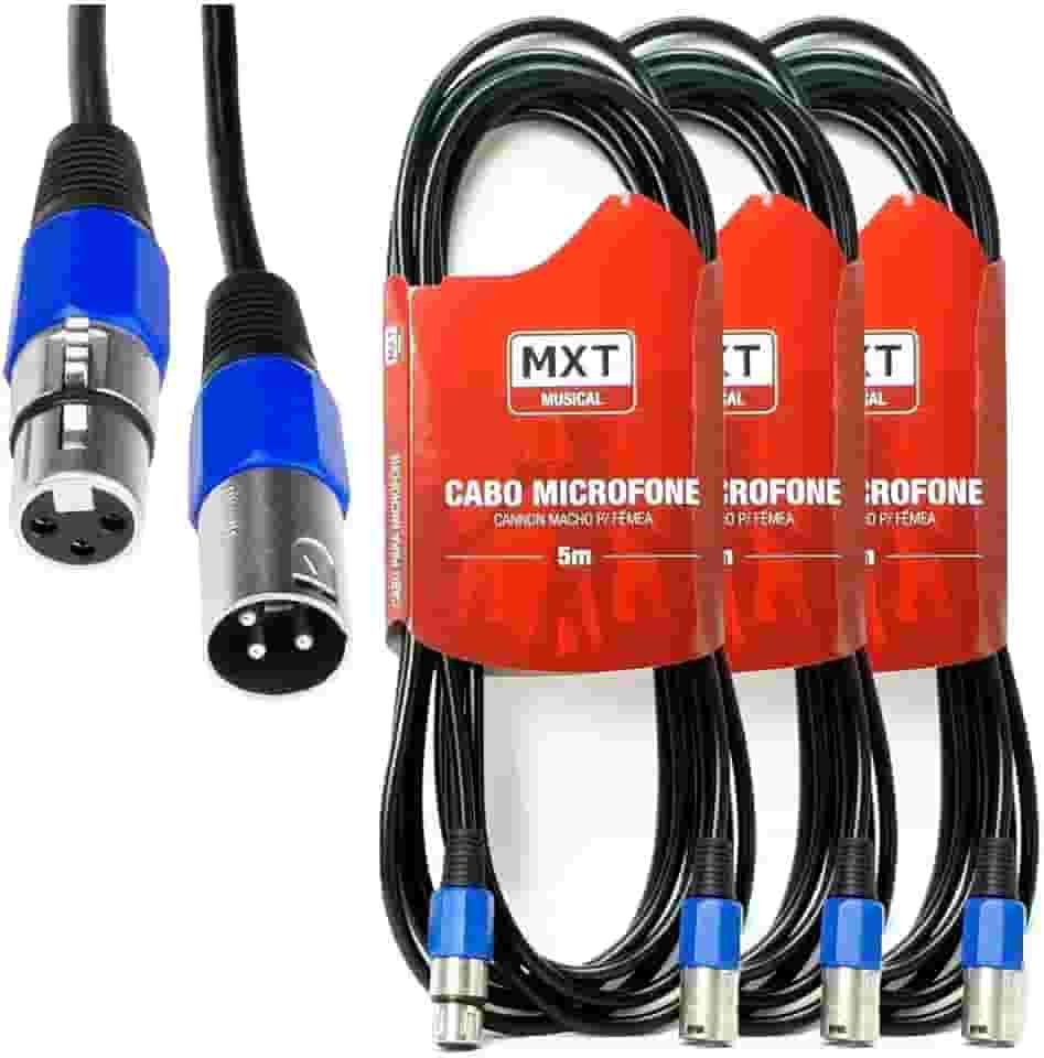 Kit com 3 Unidades Cabo Microfone XLR Balanceado, Macho e Fêmea, 5 Metros MXT