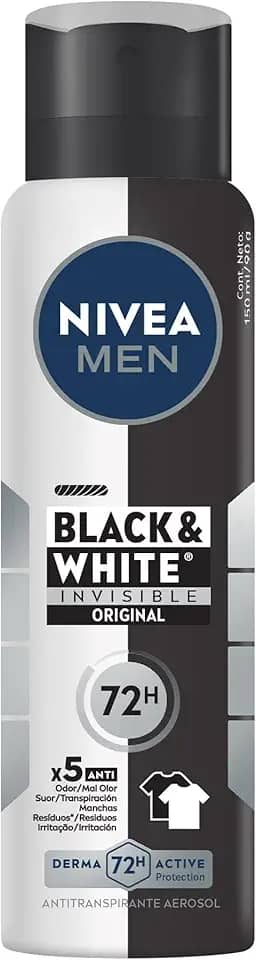 NIVEA MEN Desodorante Antitranspirante Aerossol Invisible Black & White 150ml - Proteção prolongada de 48h, cuidado suave, ação antibacteriana, fórmula 5 em 1: anti-manchas, anti-odor