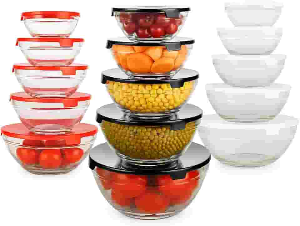 Kit 5 Potes/Tigelas Redondos de Vidro Borossilicato com Tampa – Conjunto Empilhável (135ml, 200ml, 400ml, 550ml, 1000ml) para Armazenamento Seguro de Alimentos, COR: Conforme disponibilidade