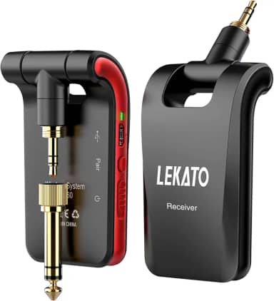 LEKATO Sistema de guitarra sem fio de 2,4 GHz, 6 canais, transmissor de áudio recarregável, sem fio, para instrumentos elétricos de guitarra e baixo, estéreo, plugues 2 em 1 (preta)