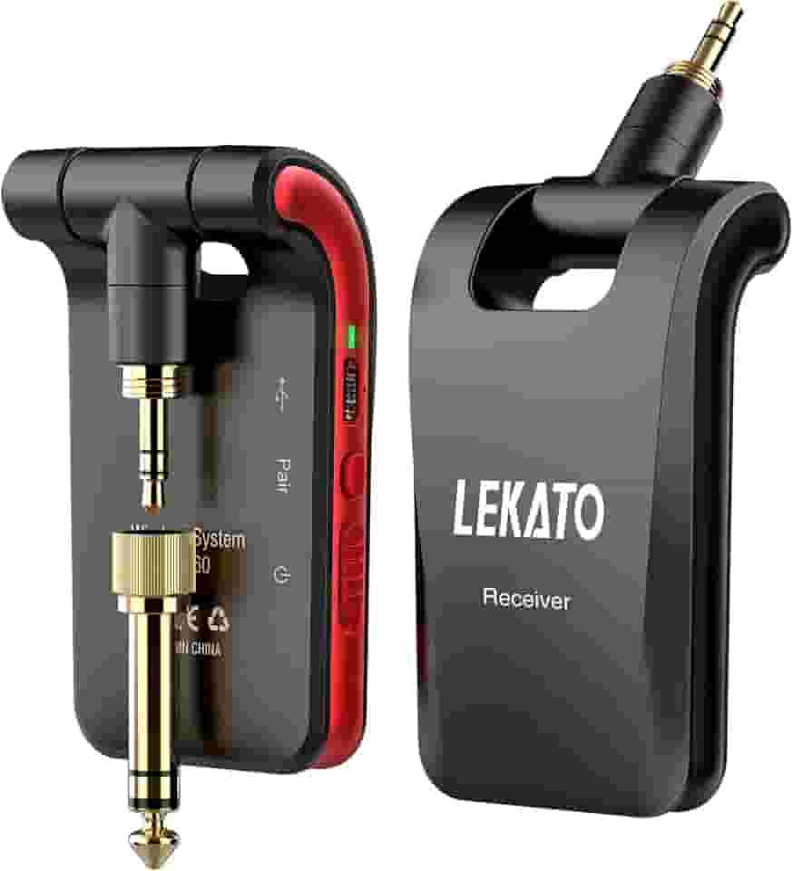 LEKATO Sistema de guitarra sem fio de 2,4 GHz, 6 canais, transmissor de áudio recarregável, sem fio, para instrumentos elétricos de guitarra e baixo, estéreo, plugues 2 em 1 (preta)