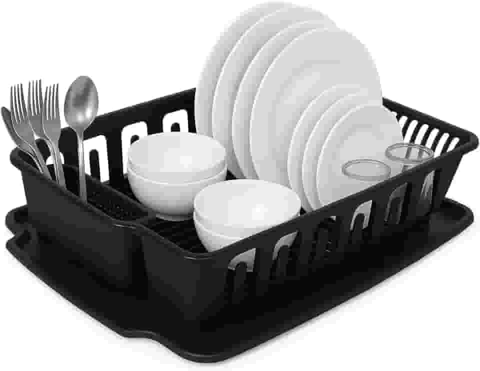 Escorredor de Louça 14 Pratos Com Porta Copos Talheres e Bandeja (Preto)