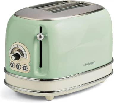 Ariete Torradeira 155 estilo vintage 750 Watt 2 fatias com bagel de degelo e reaquecimento, laterais de toque legais, pés antiderrapantes, 6 níveis de marrom, verde