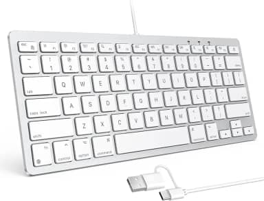 OMOTON Teclado com fio para Mac, USB e tipo C, 78 teclas, ergonômico e portátil - Branco