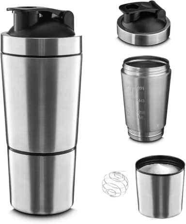 Kit Coqueteleira 750ML Térmica Para Academia e Shake Gym, Garrafa Coqueteleira em Aço Inox com Copo Adicional de 200ML, Mola Misturadora e Medidor Gravador Na Parede Dupla da Garrafa