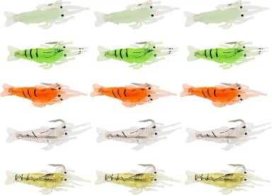 15 peças de isca de camarão de plástico macio, isca de pesca macia artificial para camarão, anzol, camarão para pesca de água doce e salgada (várias cores)