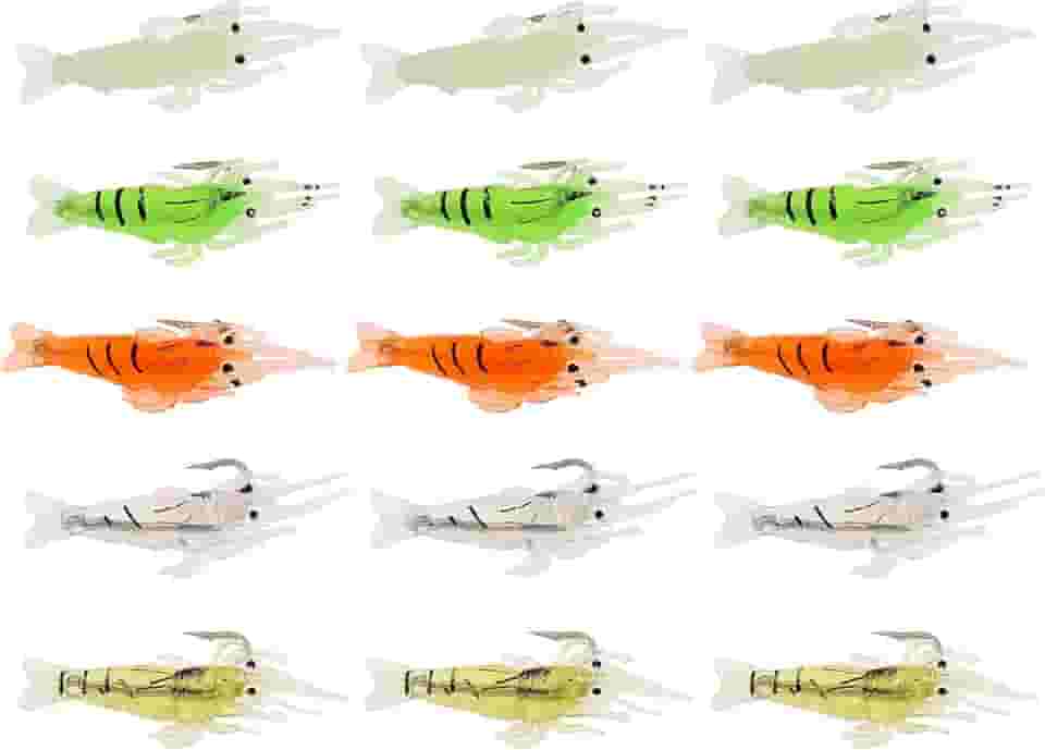 15 peças de isca de camarão de plástico macio, isca de pesca macia artificial para camarão, anzol, camarão para pesca de água doce e salgada (várias cores)