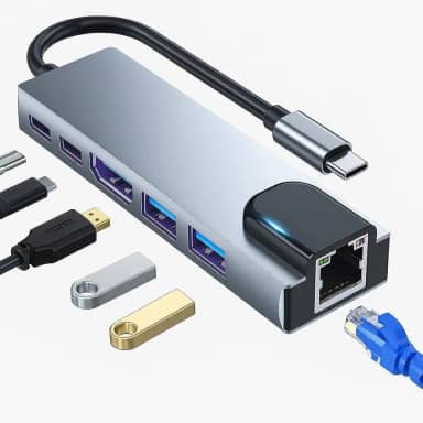 Adaptador Hub USB-C Multiportas 6 em 1, HDMI 4K, USB 3.0, USB 2.0, USB-C PD 100W – Tipo C - Rj45 Rede LAN 100Mbps para Notebook, MacBook, Alumínio Compacto, Alta Velocidade, Multiportas - Lene