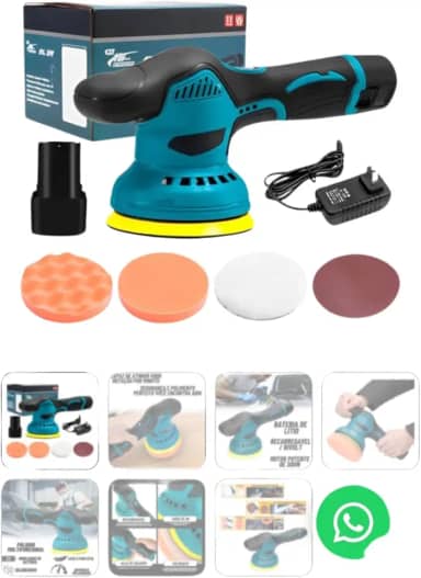 Politriz Orbital Automotiva 12V com 4 Discos de Polimento, Bateria Recarregável, Azul e Preto