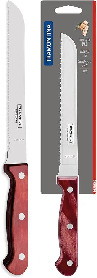 Faca para Pão Tramontina Polywood com Lâmina em Aço Inox e Cabo de Madeira Vermelho 7'