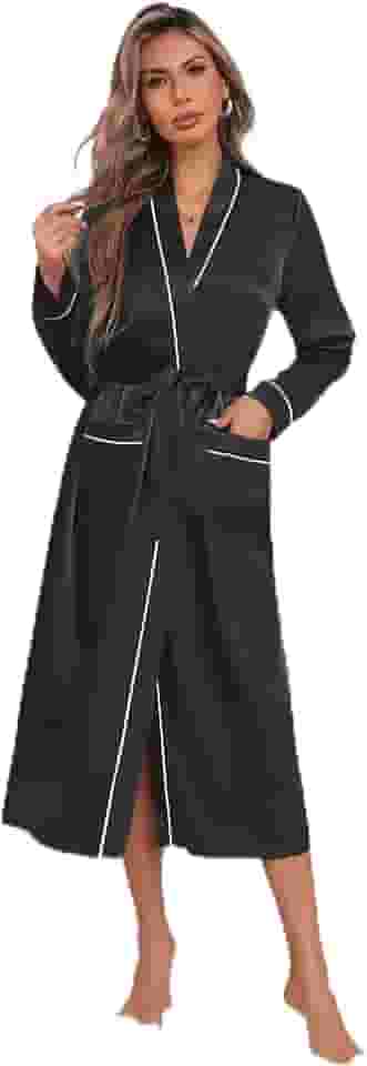 Roupão de seda feminino, de manga comprida, de cetim, macio, leve, comprimento total, com bolsos, roupão de casamento, Preto, P