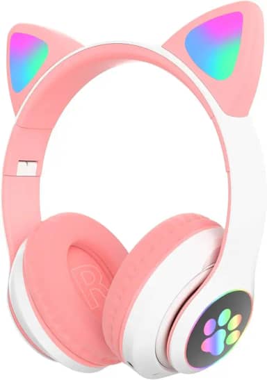 Fone de Ouvido Infantil Bluetooth Orelha Gato com Patas Led Para Crianças (Rosa)