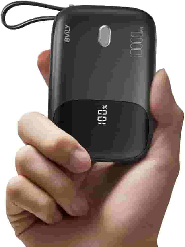 Carregador Portatil 10000mAh Power Bank com Cabo Integrado, Carregamento Rápido de com LED Display, Powerbank Externo para Telefone, Samsung, Android – Preto