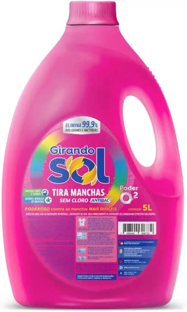 Girando Sol Tira Manchas Líquido Sem Cloro 5L Sabão Líquido Tira Manchas Rosa Poderoso Contra As Manchas Mais Difíceis Branco Mais Branco Colorido Mais Vivo