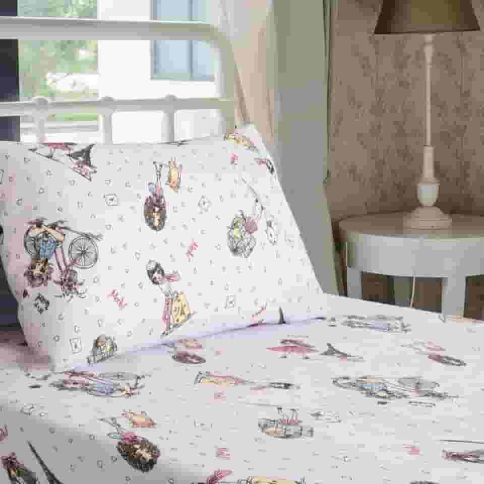 Jogo de Cama Solteiro Infantil Menina Adolescente Paris Rosa Gato – Anti Alergico Lençol c/Elástico – Malha 70% Algodão 30% Poliéster Premium