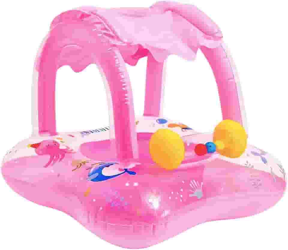 Boia Infantil Piscina Bebê Bote Inflável com Cobertura Proteção Solar para Menina e Menino Crianças 6 Meses à 3 Anos