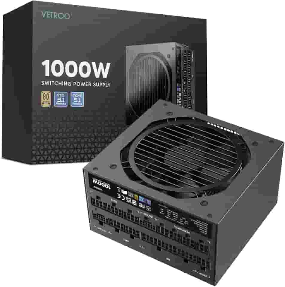 Vetroo Fonte de alimentação preta de 1000W ATX 3.0 Ready Dual PCIe 5.0, 80 Plus Gold Full Modular, tamanho compacto, capacitores japoneses de 105 °C, modo ecológico com ventilador FDB de 120 mm,