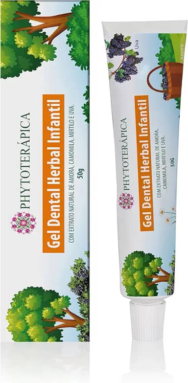 PHYTOTERAPICA - Gel Dental Herbal Infantil - Com extrato natural de Amora, Camomila, Mirtilo e Uva, Aumentam a resistência da dentina e inibem o aparecimento de cáries - 50g