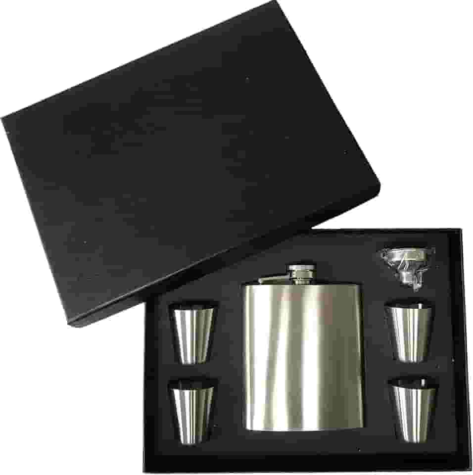 Kit Cantil Inox Portátil Com Copos e Funil Whiskeira para Bebidas Whisky Dose Shot Presente Premium