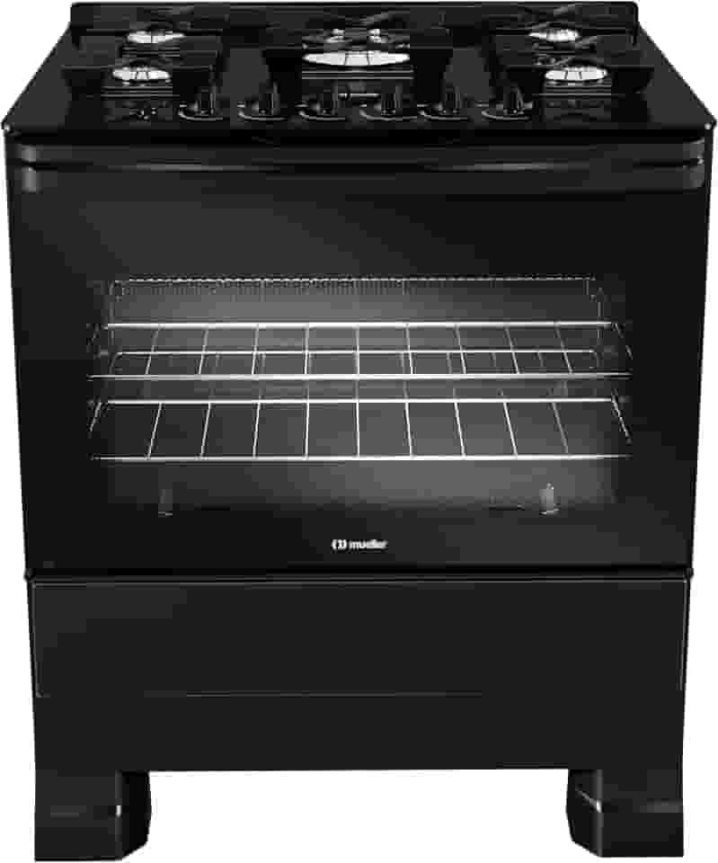 Fogão Mueller 5 bocas Preto com Mesa de Vidro e Tripla Chama Bivolt MFV5BF