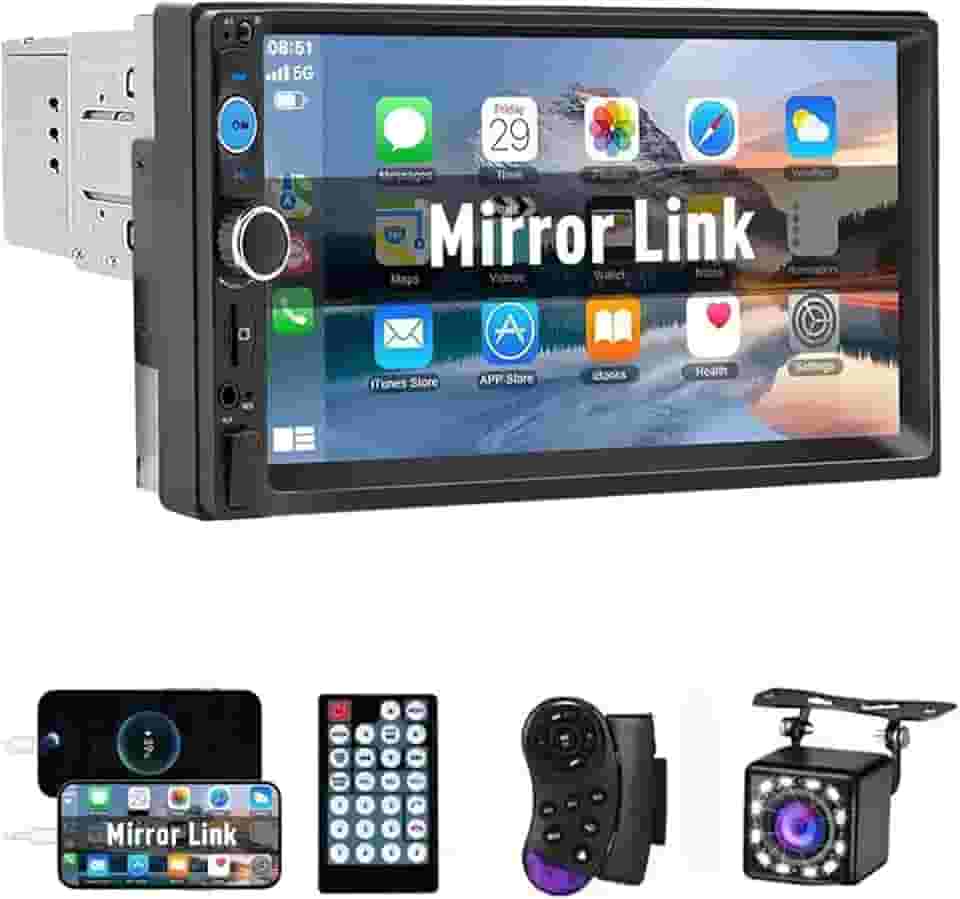 1DIN Estéreo para Carro, Central Multimidia Automotivo 7 Polegadas, Mirror Link, Bluetooth, Controle no Volante, Câmera Traseira Inclusa - Compatível com iPhone e Android