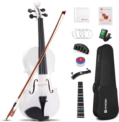 Vangoa Violino Acústico 4/4 Branco, Conjunto Iniciante Com Estojo, Resina, Descanso De Ombro, Afinador, Cordas, Arco, Adesivo De Braço