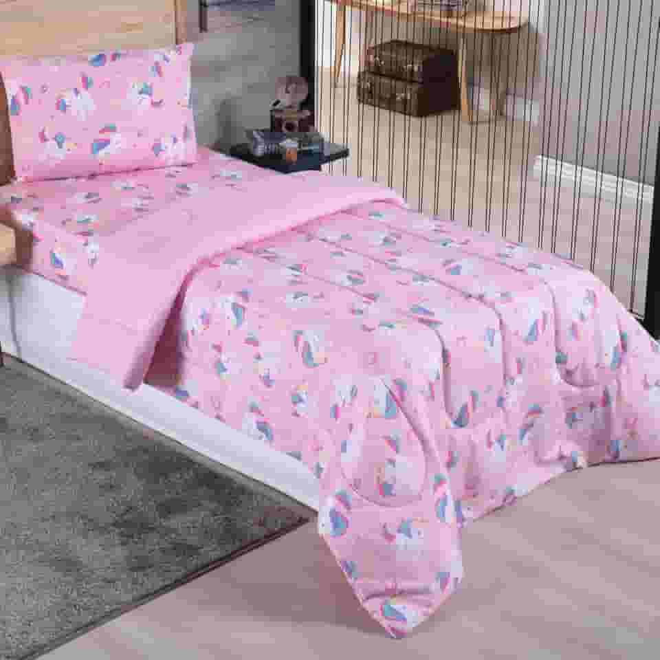 Edredom Solteiro Alegria Infantil Dupla Face 1 Peça (UNICÓRNIO)