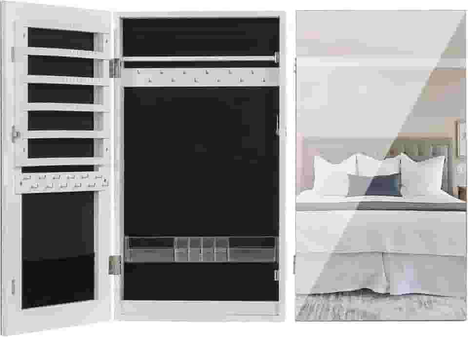 LAVIEVERT Armário de joias com trava e espelho sem moldura, organizador de exibição de joias com compartimentos para batom montado na parede/porta - branco