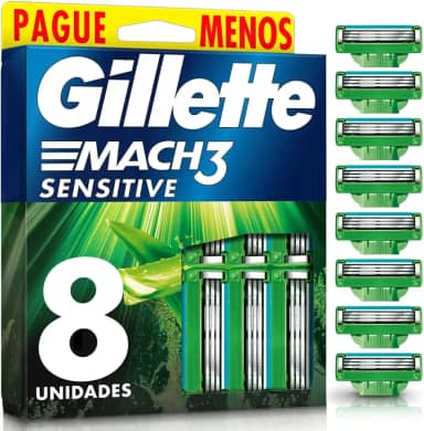 GILLETTE Mach3 Sensitive Carga para Aparelho de Barbear Reutilizável , 8 Refis com Aloe, Barbear Rente com Menos Irritação para Homens com Pele Sensível