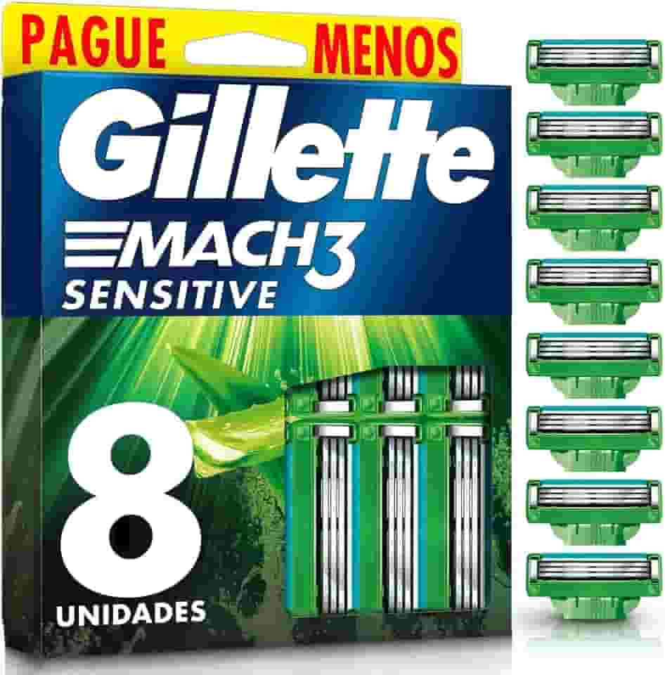 GILLETTE Mach3 Sensitive Carga para Aparelho de Barbear Reutilizável , 8 Refis com Aloe, Barbear Rente com Menos Irritação para Homens com Pele Sensível
