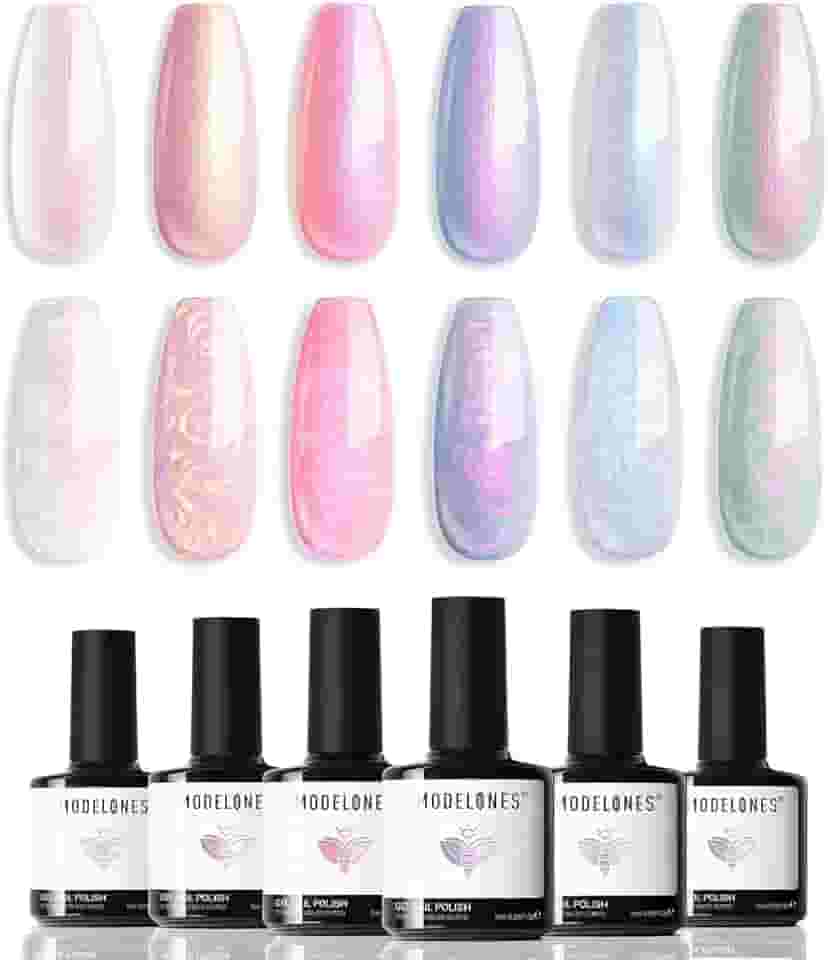 modelones Conjunto de esmaltes em gel perolado, 6 cores Aurora iridescente, cintilante, branco, rosa, roxo, desenho de sereia, esmalte em gel com glitter, efeito de concha e redemoinho de LED, com caneta pontilhada, presente para manicure faça você mesmo