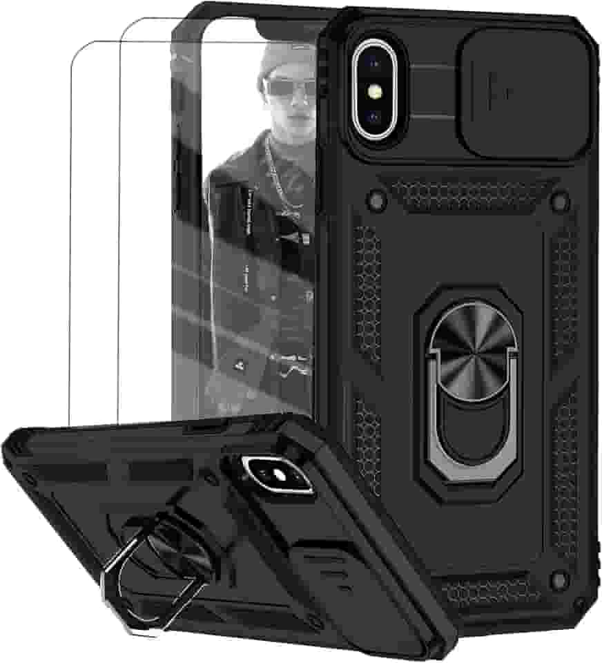 Capa para iPhone X e iPhone XS Capinha | com 2 peças de protetor de tela temperado com janela deslizante da câmera e suporte para telefone incluídos - Preto