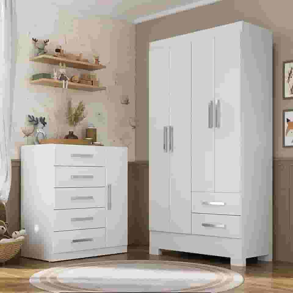 Quarto Infantil Completo Guarda Roupa 4 Portas 2 Gavetas com Cômoda Amy Espresso Móveis Branco