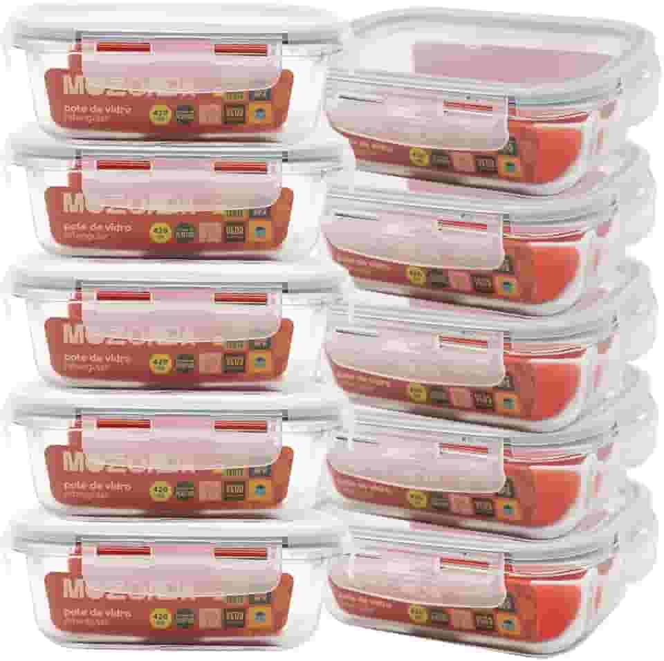 Mozcada - Kit 10 Potes de Vidro Marmita 420ml Hermético com Trava Retangular