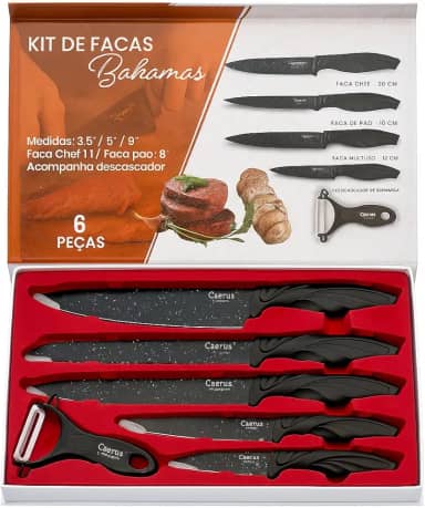 Conjunto de Facas de cozinha, 6 Peças, Lâminas em Aço Inox com Revestimento Especial, Inclui Descascador