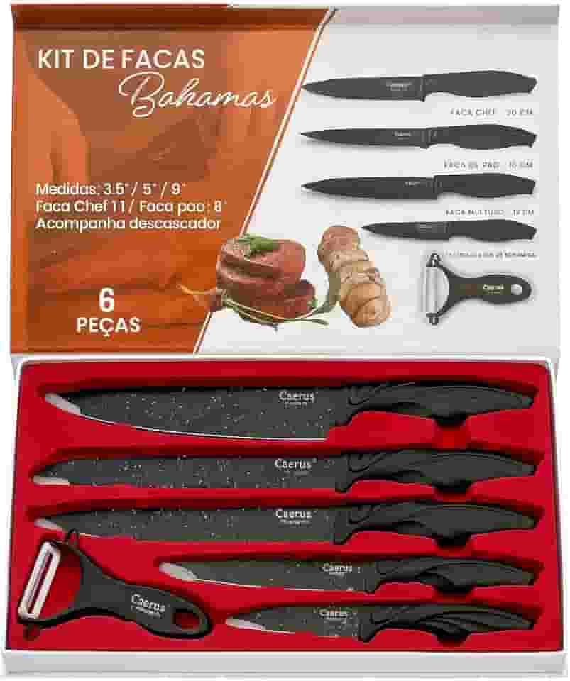 Conjunto de Facas de cozinha, 6 Peças, Lâminas em Aço Inox com Revestimento Especial, Inclui Descascador