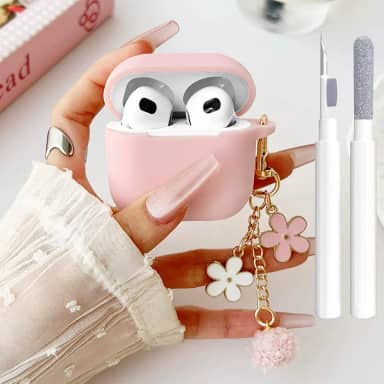OTOPO Capa Rosa para AirPods 3ª Geração, Capinha Protetora de Silicone Macio com Suporte para Carregamento com Fio/Sem Fio, Kit de Limpeza e Chaveiro Floral, Ideal para Uso Pessoal